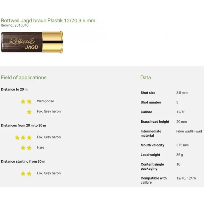 Naboji - RTW jagd braun Plastik 12/70 3,5mm 36g nr.3 (20x10) - 10 kosov - slika 2